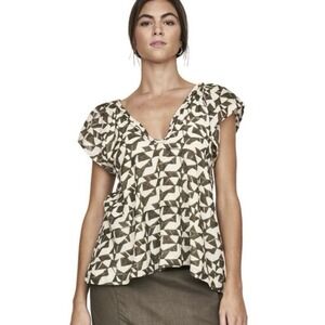 Mirth Komodo Blouse Small V Neck Flutter Sleeve Silk Blend Seaglass In Branch